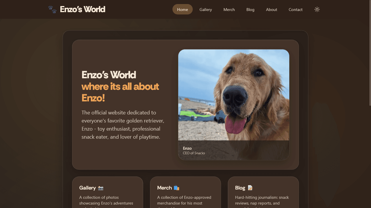 Enzo's World home page in dark mode