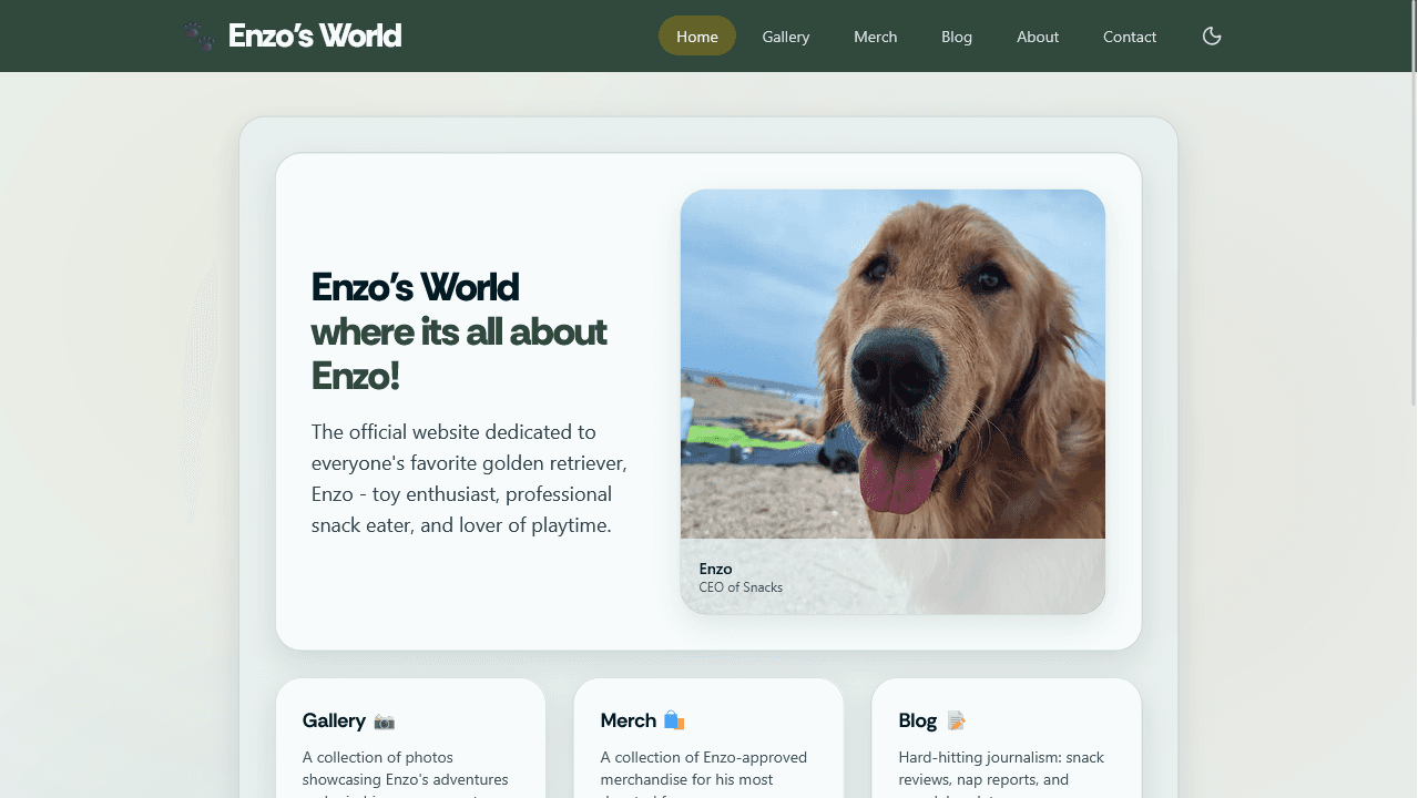 Enzo's World home page in light mode