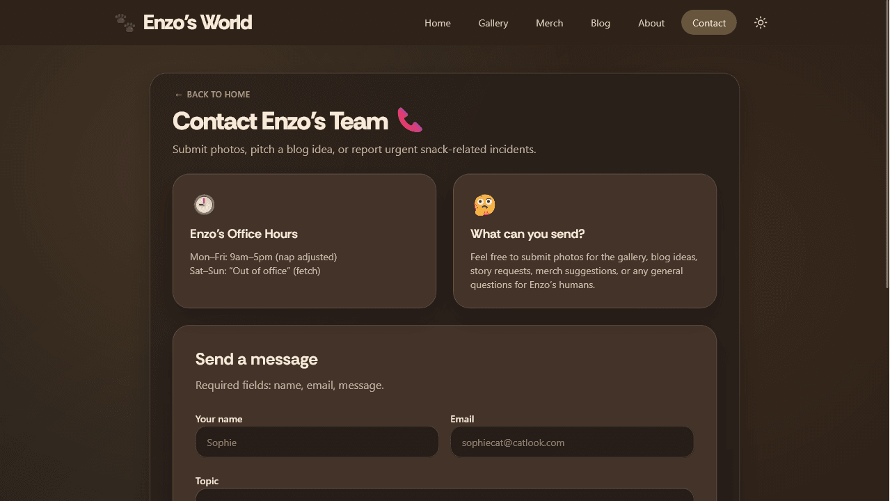 Contact page with message form and team details