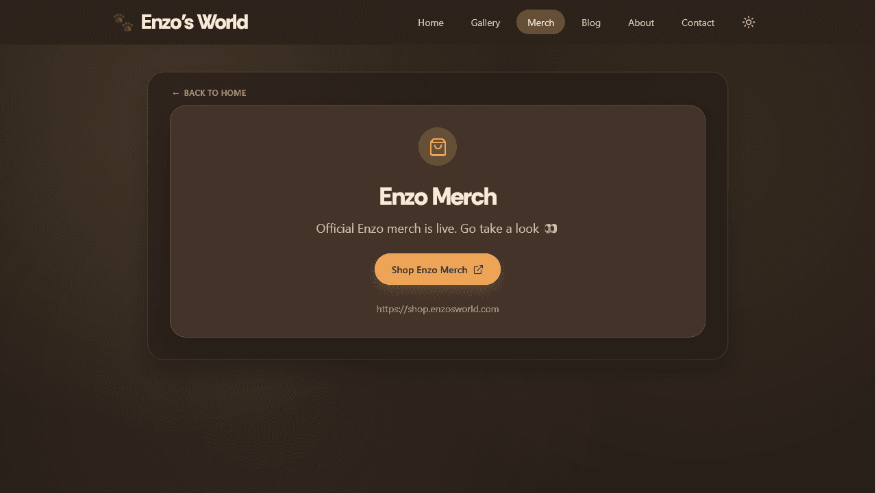 Merch page linking to the Enzo shop