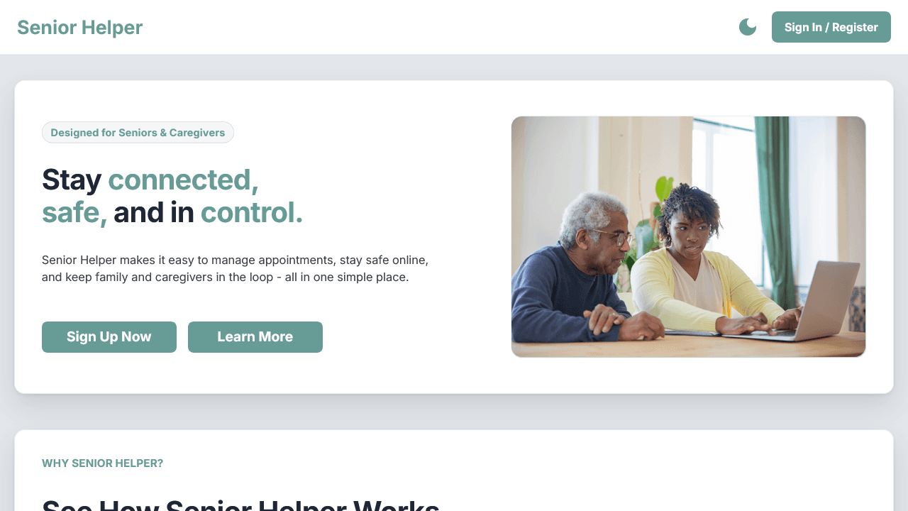 Senior Helper landing page in light mode