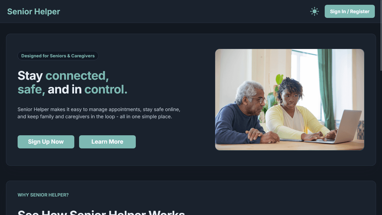 Senior Helper landing page in dark mode