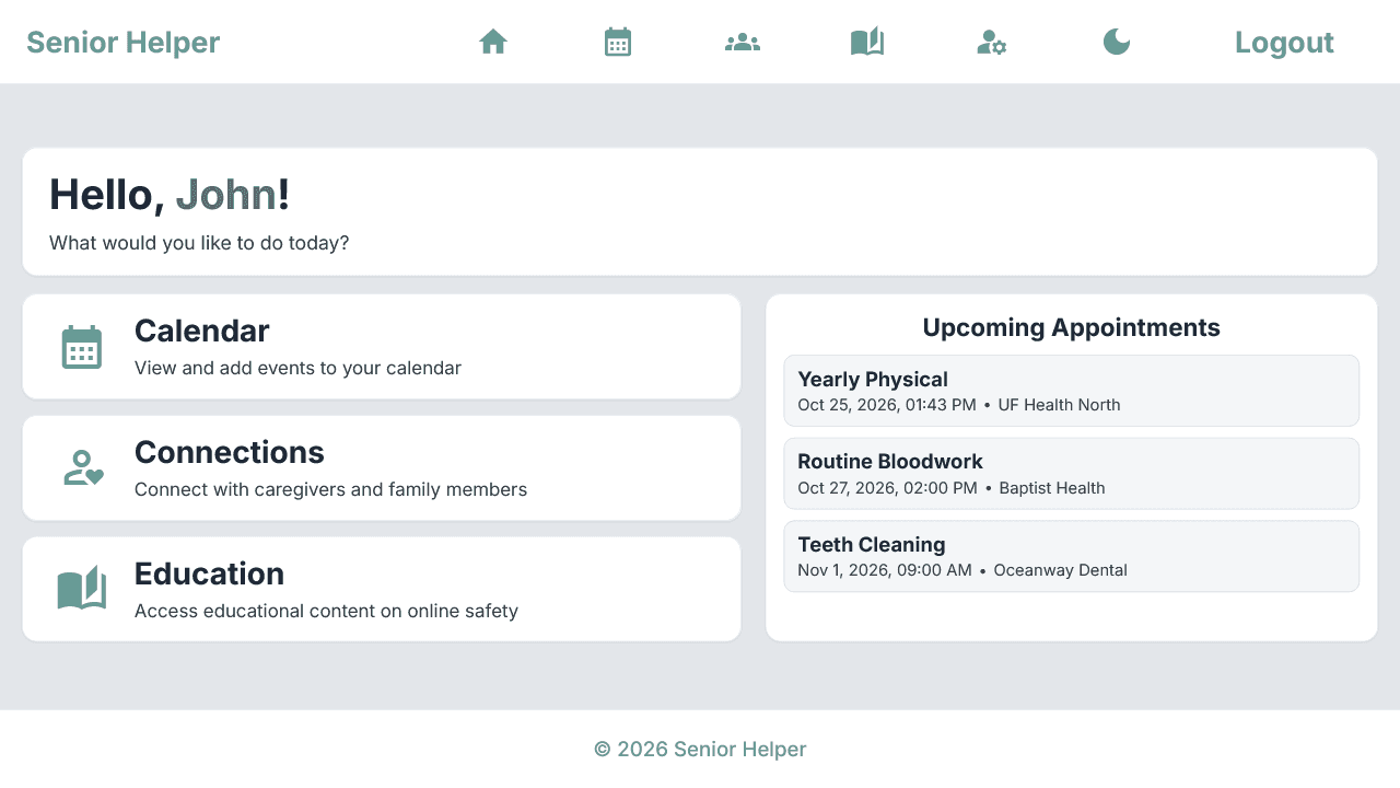 Senior Helper dashboard with quick links and upcoming appointments
