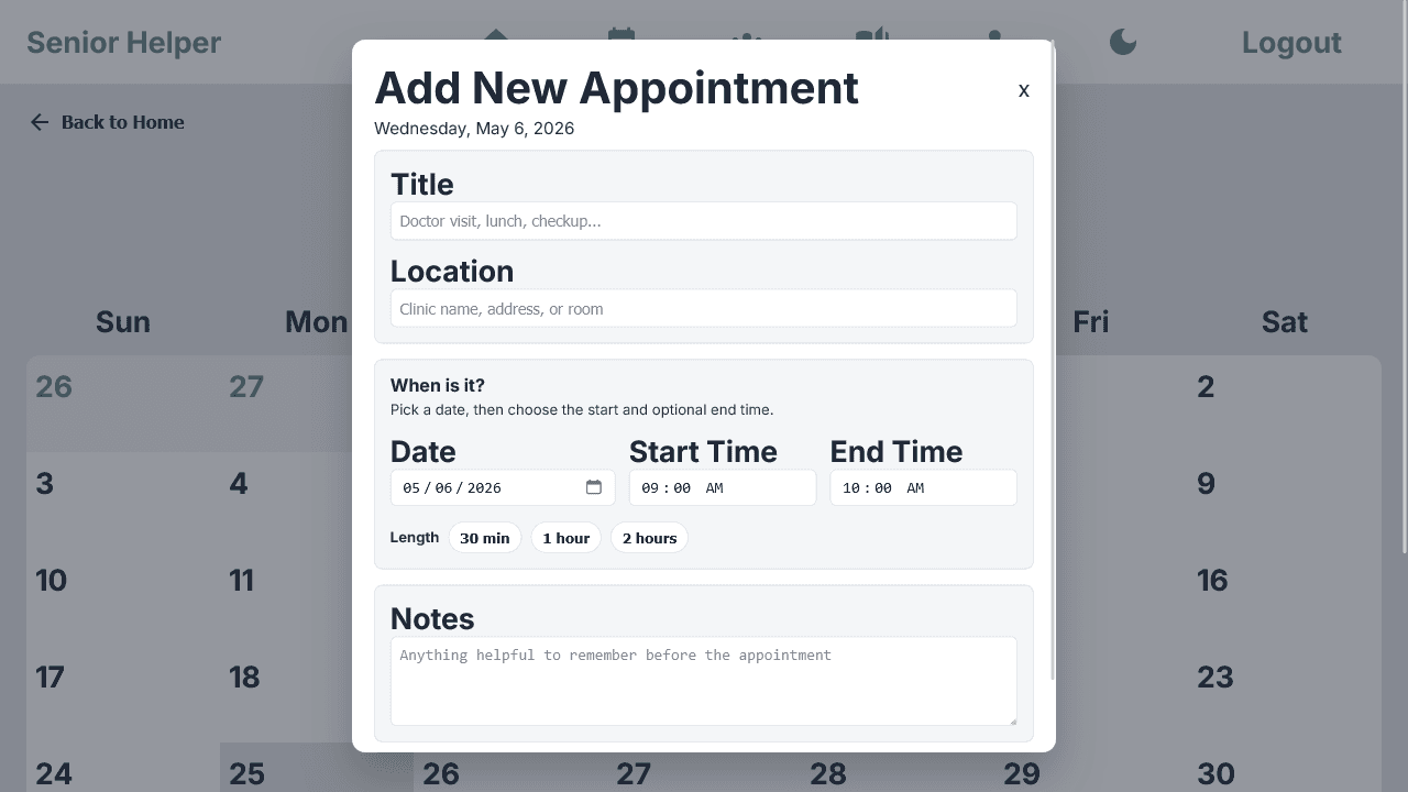 Senior Helper add appointment modal on the calendar