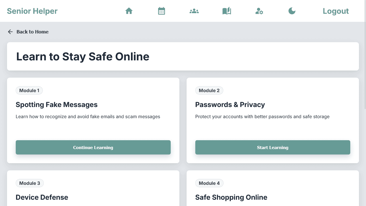 Senior Helper online safety education module catalog