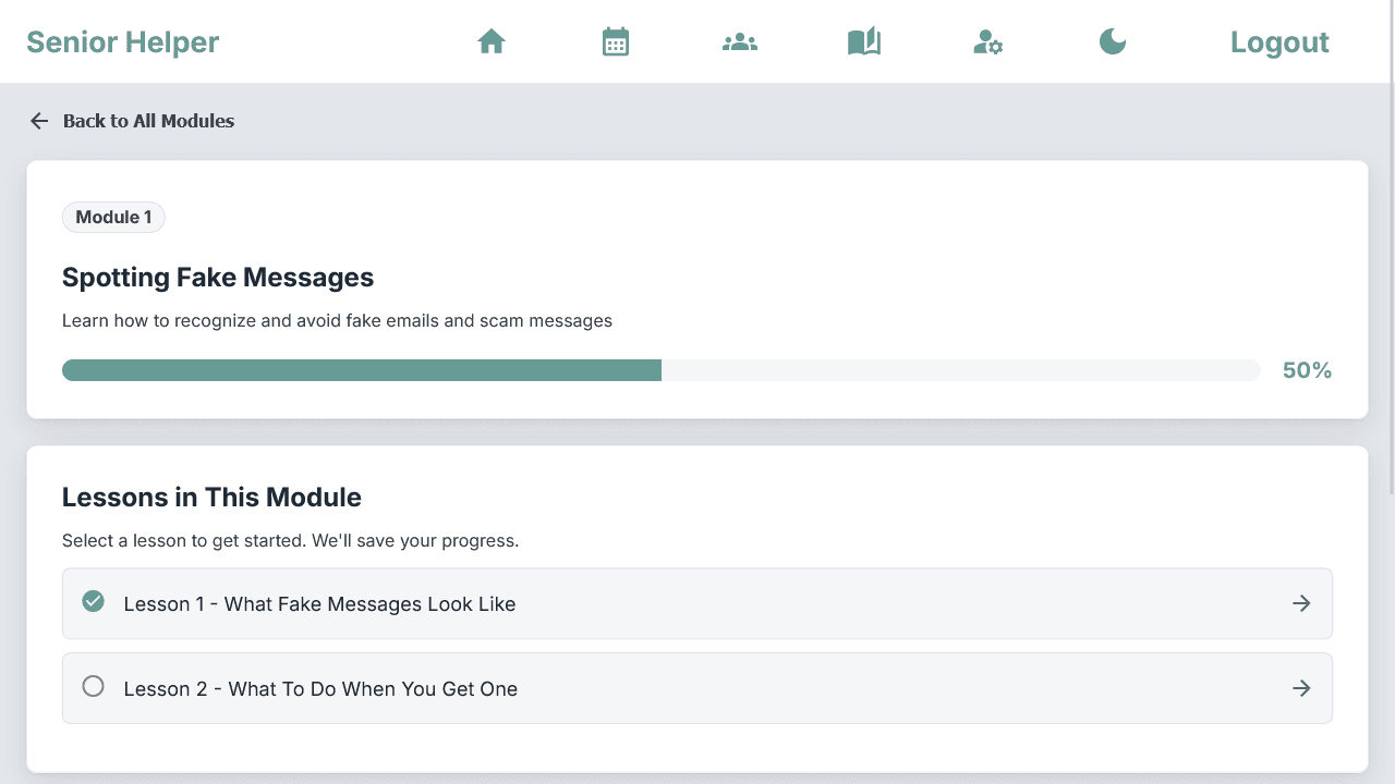 Senior Helper module page showing lesson progress