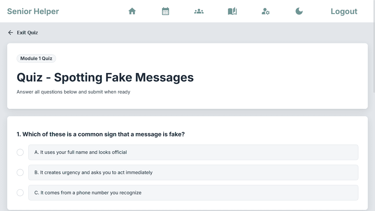 Senior Helper quiz for the spotting fake messages module