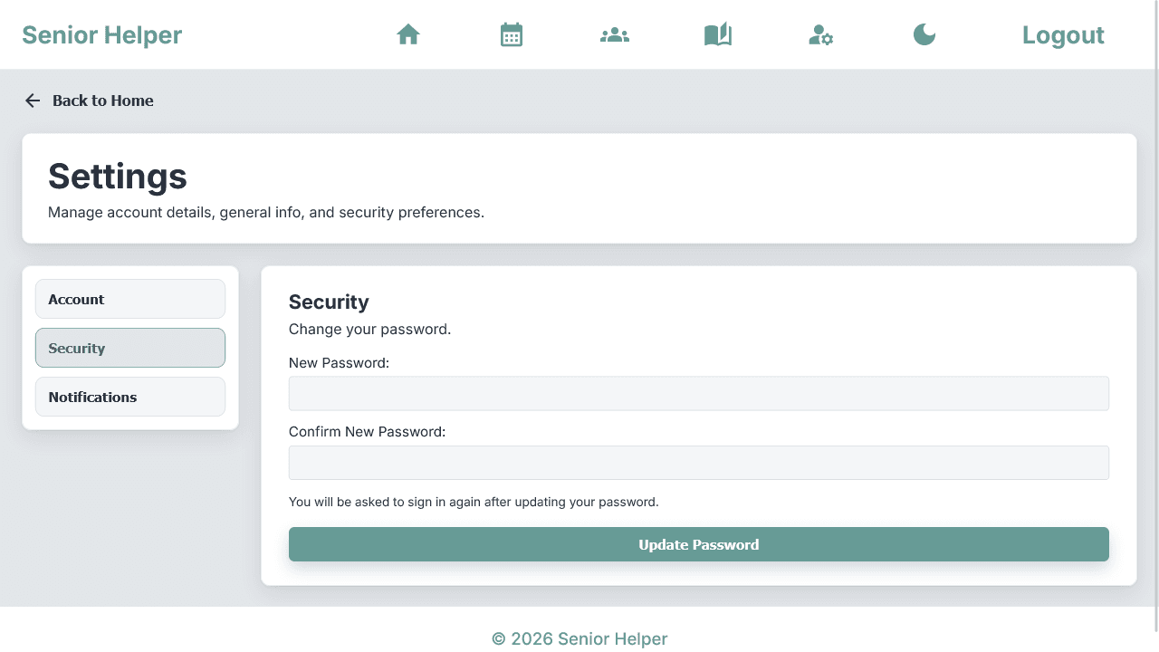 Senior Helper security settings tab