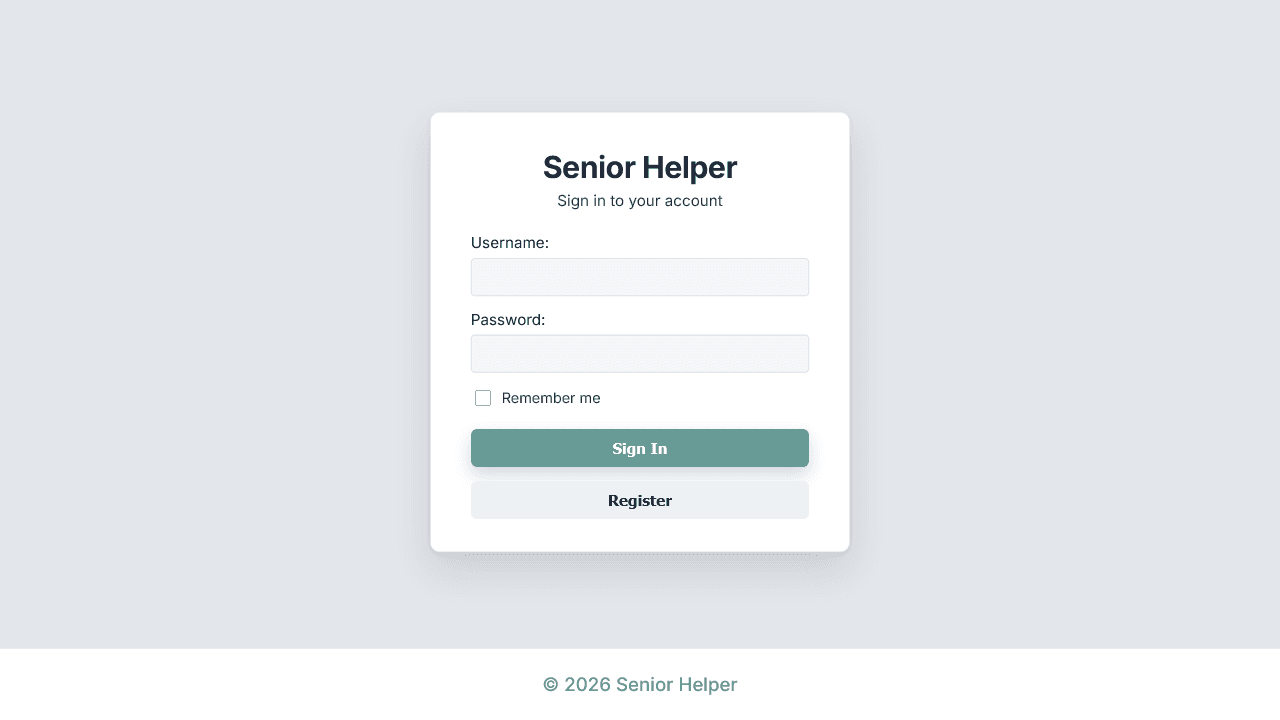 Senior Helper sign in form