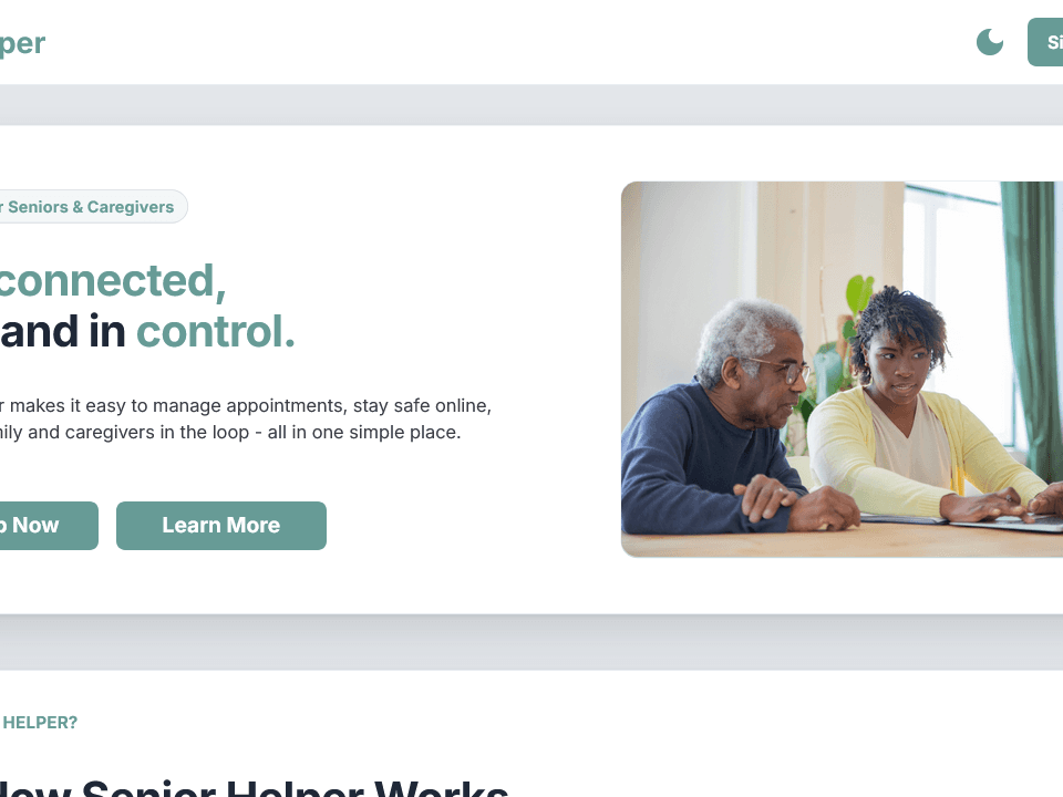 Senior Helper landing page in light mode